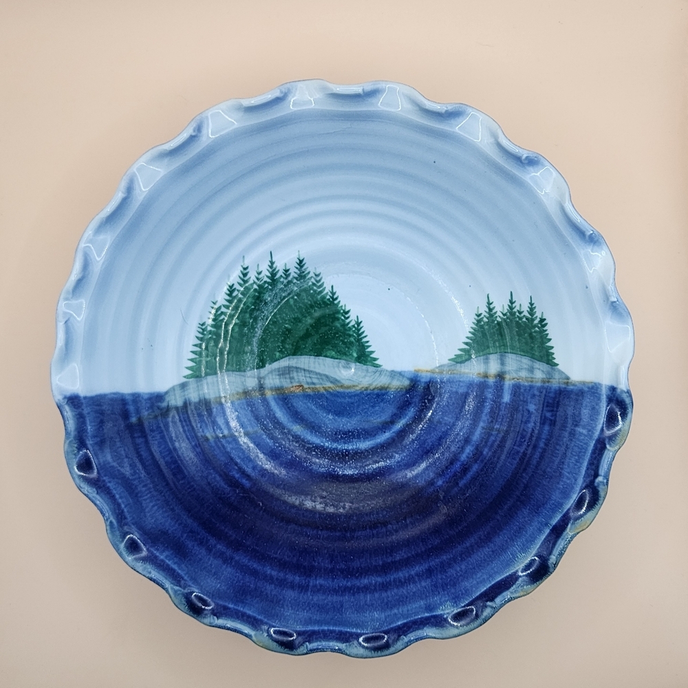 Scenic Handcrafted Sheepscot River Pottery Ceramic Scallop Edge Decorative Bowl